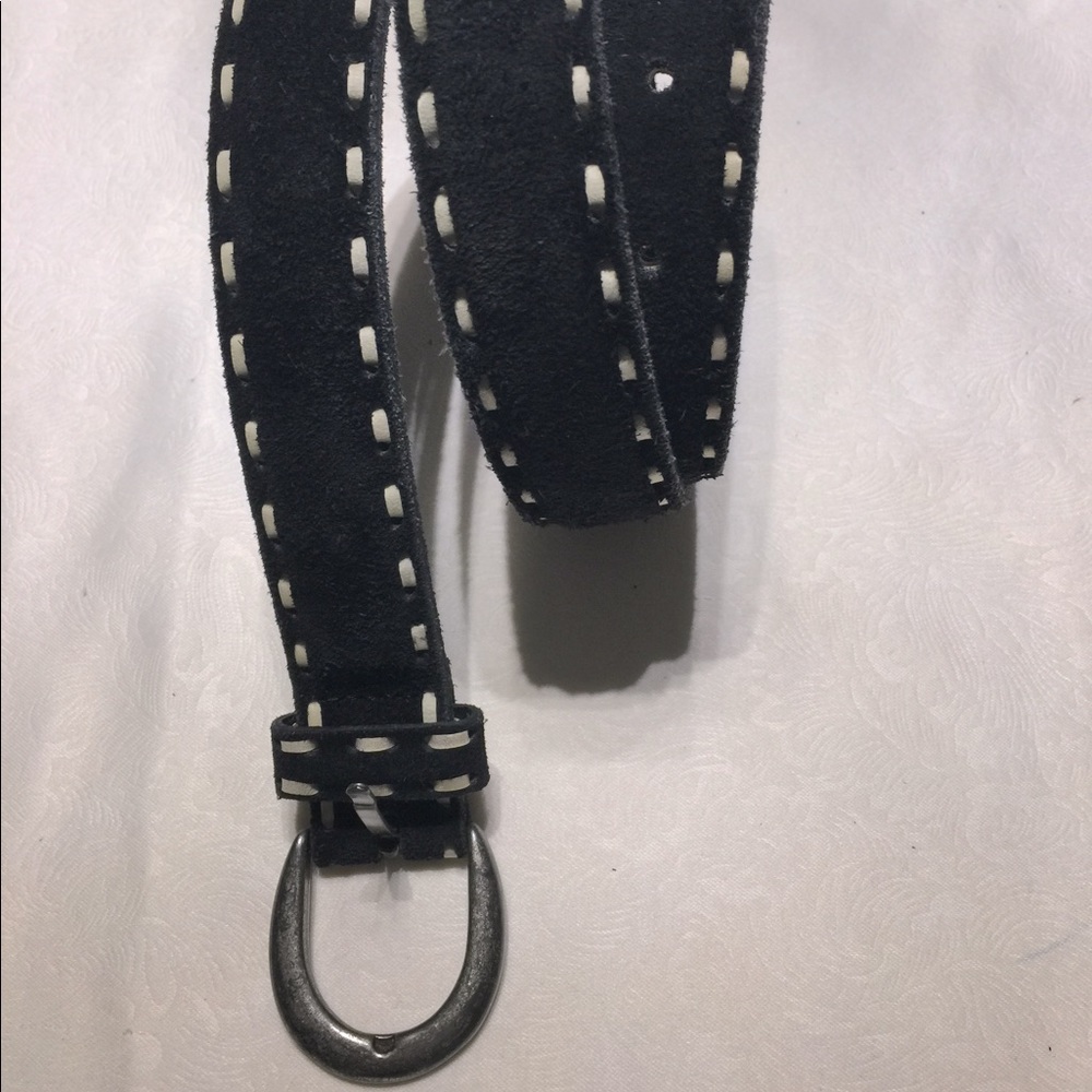 Black suede belt with white stich Detail on both edges 85 cm Long Size S to M.